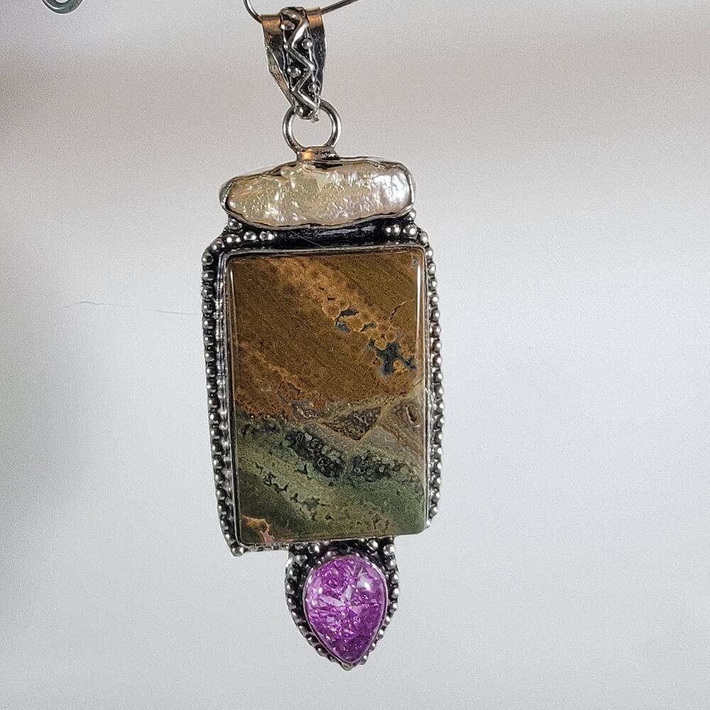 Statement Pendant Necklace – Jasper, Pearl & Purple Druzy + 20" Silver Chain
